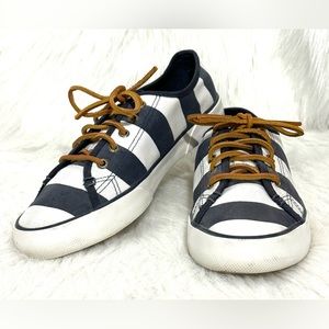 Sperry Top-Sider Ladies Navy White Striped Canvas Sneaker Leather Laces SZ 8 EUC